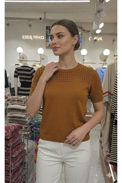 Round Neck Short Sleeve Openwork Perforated Plain Basic Summer Spring Knitwear Blouse