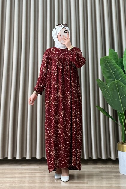 Nuray Dress Viscose Fabric Women's Burgundy Collar Openable Buttons Elastic Sleeves Comfortable Cut Hijab Dress