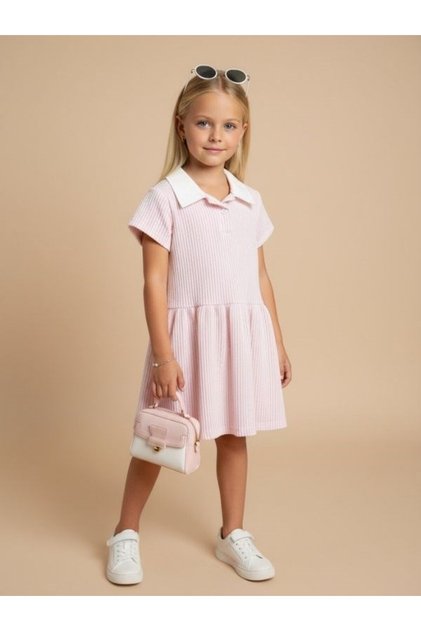 Girl's Collar Detailed Striped Design Dress