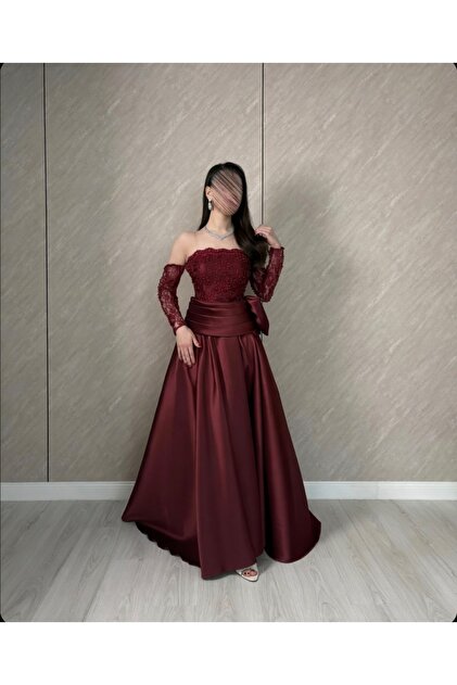 ALANOOD Luxury Burgundy Evening Dress with Lace Corset and Beading  Transparent Sleeves with Tie Waist- Trendyol