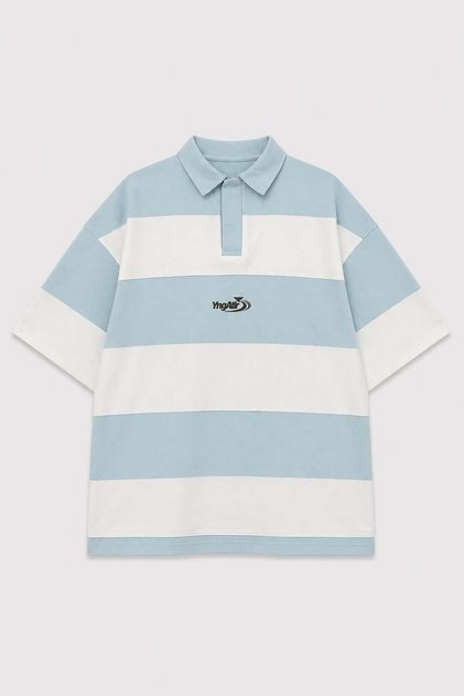 Oversize Rugby Collar Striped T-Shirt Baby Blue