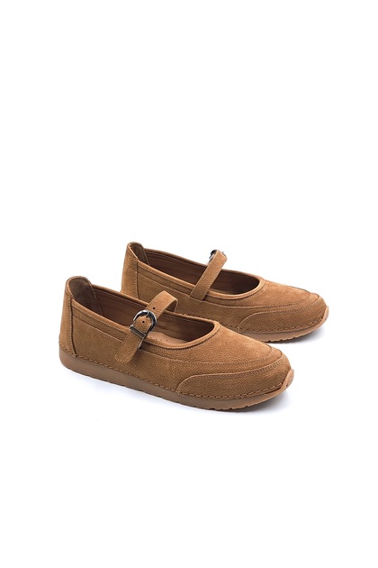 Genuine Nubuck Leather Mary Jane Style Women's Tan Brown Orthopedic Ballerina Shoes