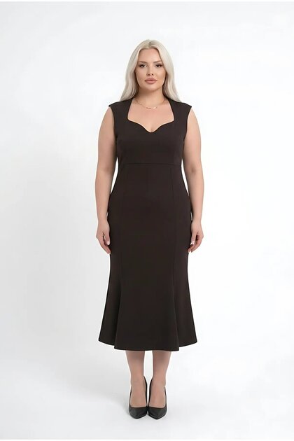 Women's Brown Plus Size Heart Collar Midi Length Dress Hzl26S-Zss150931