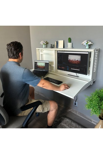 Minimal Katlanır Duvar Masası Laptop ve Monitör Uyumlu Metal Home Office Çalışma Masası