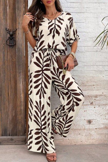 New Season Women's Short Sleeve V-Neck Patterned Aerobin Blouse and Trousers Holiday Double Set