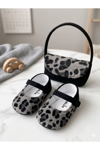 Leopard Patterned Gray Black Ballerina Baby Girl Shoes and Bag Set