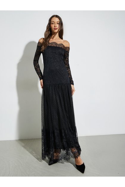 Black Off Shoulder Lace Insert Maxi Dress