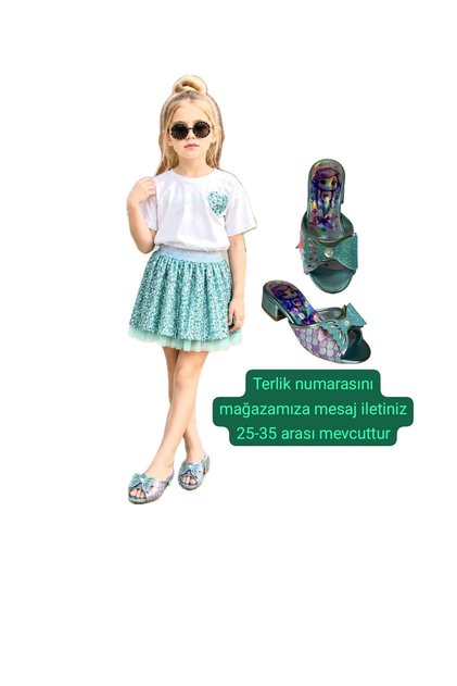 Girl's Sequined Tutu Skirt Barbii Skirt 2-Piece Girl's Skirt Set Green Water Green Skirt Sequined Skirt + Green Heeled Slippers Set 3-Piece Set