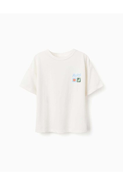 Cotton T Shirt With Colourful Beach Prints For Boys White