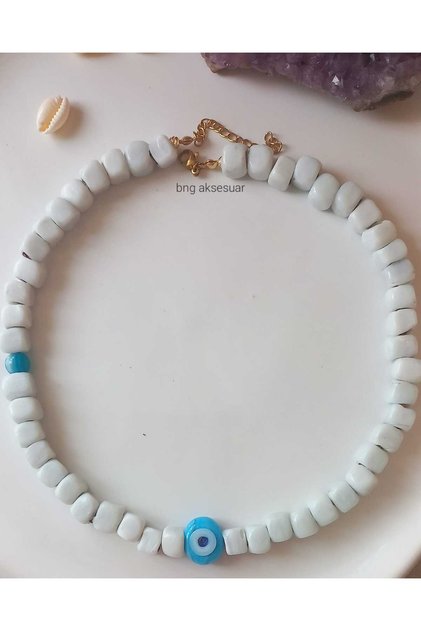 Bodrum Handmade White Glass Evil Eye Beaded Necklace