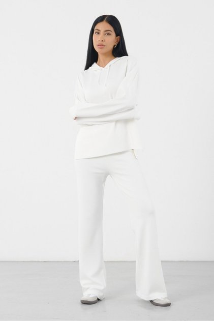 Ecru Women's Hooded Casual Set Oversized Sweatshirt and Wide-Leg Bottoms