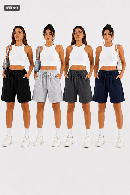 Women's 4-Piece Shorts Set Black Gray Smoked Navy Blue Comfortable Cut Casual Basic Shorts