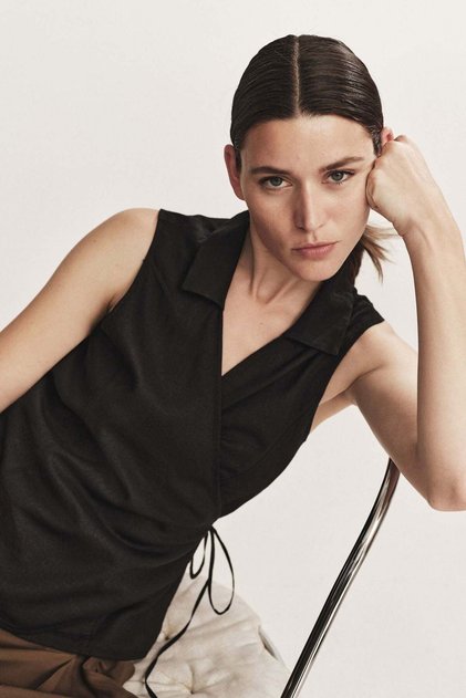 Linen-blend wrap top