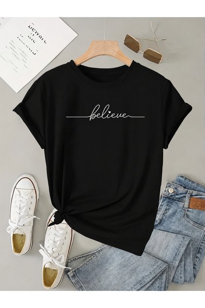 Unisex Black Believe Printed Crew Neck T-Shirt