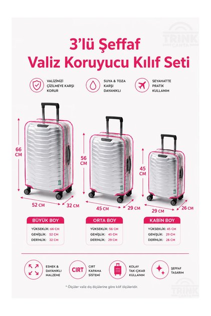 Transparent Luggage Protective Cover and Suitcase Protective Cover - Set of 3 (Large + Medium + Cabin) * Pink *