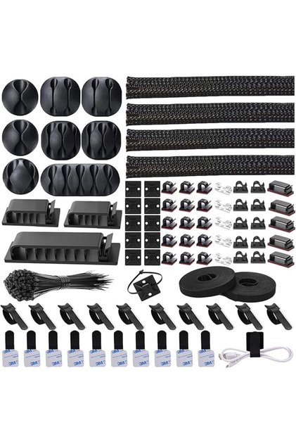 192 PCS Cable Management Kit 4 Wire Organizer Sleeve,11 Cable Holder,35Cord Clips 10+2 Roll Cable Organizer Straps and 100 Fastening Cable Ties for Computer TV Under Desk