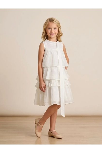 Layered Voile Dress with Tie-Back Detail at the Neck