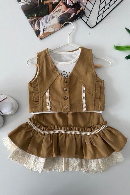 My Little Girl's Vintage Lace Layered Girls' 3-Piece Skirt Set - Camel