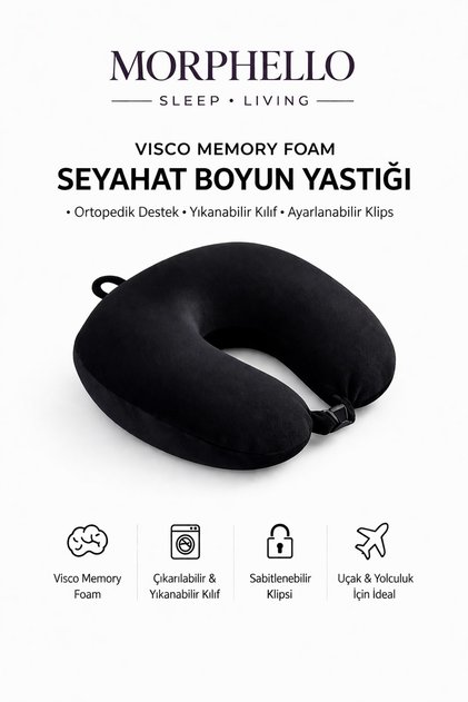 Visco Memory Foam Seyahat Boyun Yastığı Ortopedik Destekli Yıkanabilir Kılıflı Uçak ve Yolculuk Yastığı Siyah