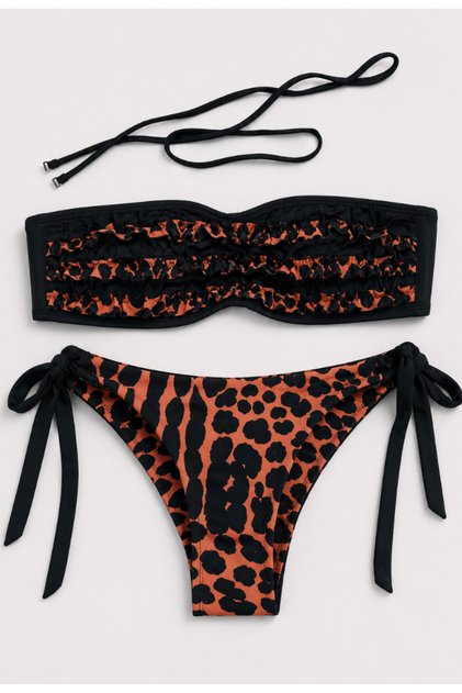 Πορτοκαλί και μαύρο μαγιό μπαντό με animal print – Με αποσπώμενη τιράντα