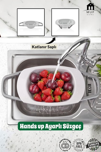 Adjustable Handle Over-The-Sink Practical Strainer - Foldable Stand, Fruit Vegetable and Pasta Strainer - Bpa Free - (Assorted Colors)