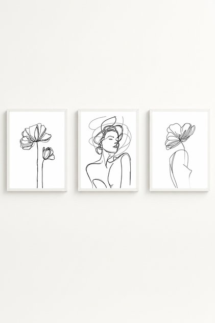 White Wooden Framed Minimalist Line Art 3-Piece Painting Set Huhu534 - Triple Painting Set White Frame