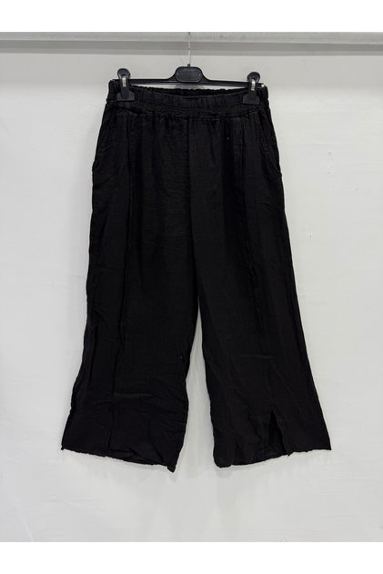 Women's Black Italian Elastic Waist Loose Linen Trousers Size 40 - 44