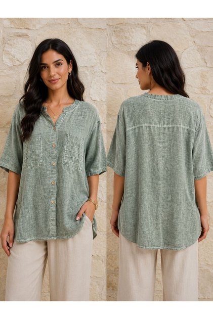 Women's Cotton Washed Fabric Short Sleeve Court Collar Shirt