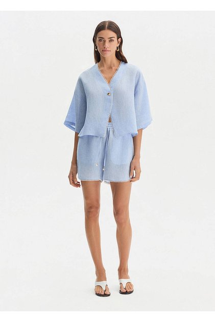 Blue Contrast Detailed Linen Shorts
