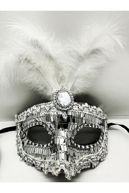 Silver Color Sequined Feathered Party Mask 17X20 cm (5492)