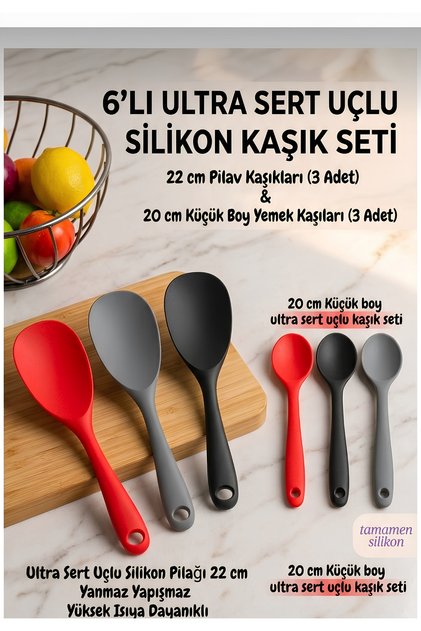 6'lı Ultra Sert Uçlu Silikon Kaşık Seti - 3 Adet 22cm Pilav Kaşığı & 3 Adet 20cm Yemek Kaşığı Yanmaz Yapışmaz Isıya Dayanıklı Servis Seti