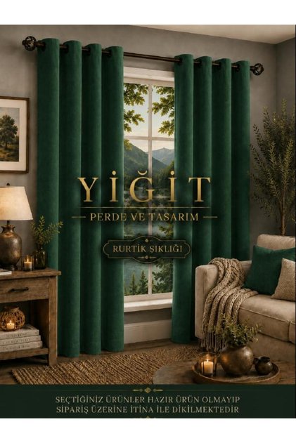 247 Yi̇ği̇t Curtain and Design (Green Color) 1/2 Filled Bird Eye Rustic Velvet Textured Sapphire Fabric Background Curtain