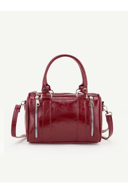Wrinkled Textured Claret Red Shk310 Double Zipper Detailed, Lined, Modern Design Hand, Arm and Shoulder Bag
