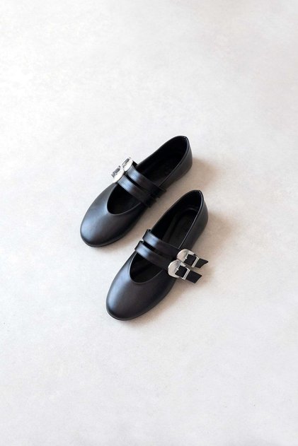 Jamila Women's Belt Detailed Leather Ballerinas Black
