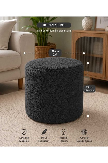 PUFLY Peluş Çok Amaçlı Dekoratif Puf koltuk Dekoratif Puf ANTRASİT SİLİNDİR PUF