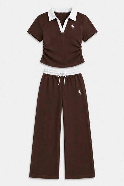 Glad Brown Polo Collar Ribbed Lycra Embroidered Premium Drawstring Blouse Sweatpants - Top and Bottom 2-Piece Set