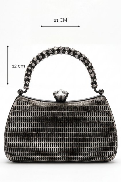 Sparkling Silver Grid Patterned Black Evening Dress Bag - Crystal Handle