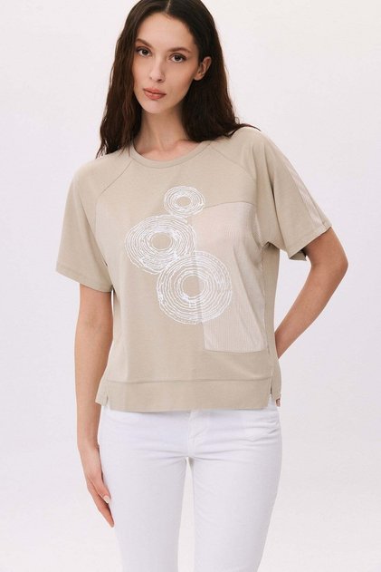 O-Neck Printed T-Shirt with Pleated Fabric Trim
