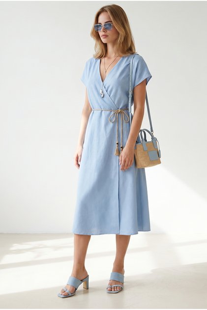 Women's Blue Straw Lace-Up Bat Waist Elastic Dress Elb-19002486