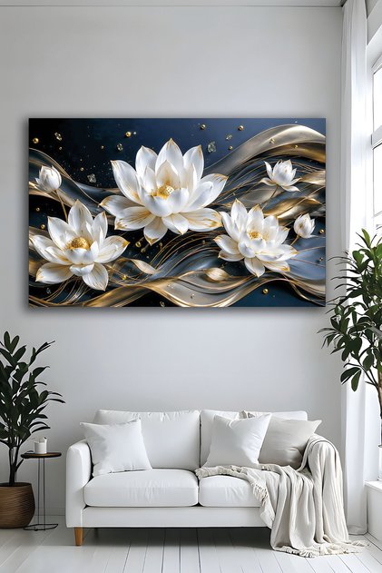 Modern 3D Altın Lotus Çiçeği Dekoratif Cam Tablo Lüks Siyah Gold Salon Ofis Duvar Dekorasyonu