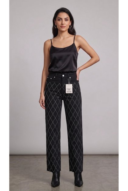 Women's Stone-Patterned Black Pants