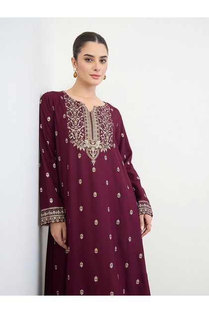 Burgundy Border Print Long Sleeve Jalabiya