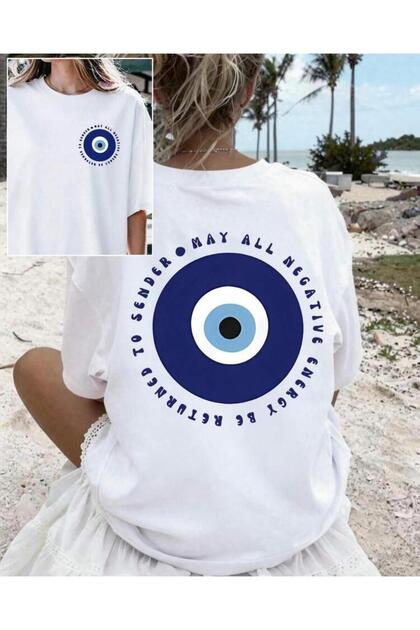 Nazar Eye Printed Short Sleeve Women's Plain Crew Neck White Tshirt