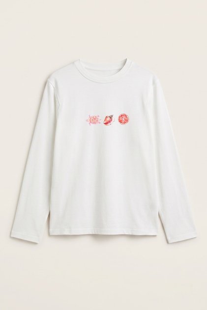 Women's Long Sleeve T-Shirt Coral Breeze Printed White – Stretchy Fabric, Comfortable Fit, Crew Neck
