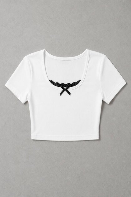 Square Neck White Lace Detailed Bowknot Short Sleeve Cotton Stretch Crop Blouse