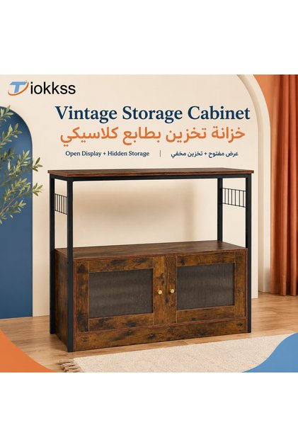 خزانة جانبية صناعية الطراز بتصميم عتيق مع بابين مضلعين ورف مفتوح، خزانة تخزين للقهوة والبوفيه للمطبخ وغرفة الطعام وغرفة المعيشة والمدخل، 100×34.5×85 سم
