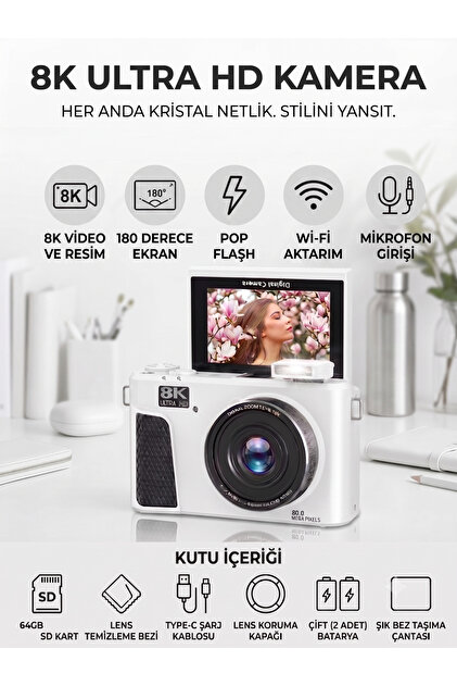 KAZEMTECH 8K Dijital Retro Video Kamera 88MP 18X Zoom Flaşlı (64GB