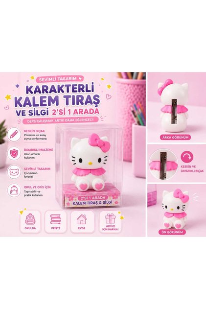 Sevimli Tasarım Kedi Figürlü Kalemtraş Silgi Çocuklar İçin Hediye Kırtasiye