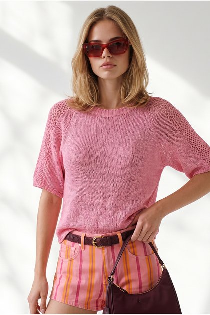 Kadın Pembe Reglan Kol Merserize Triko Bluz BLZ-19003402