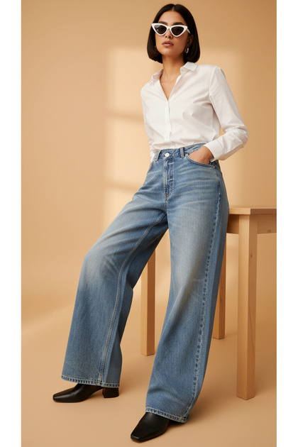 Women's Wide Leg Jeans – High Waist, Medium Blue Wash Denim, Relaxed Fit, XXL